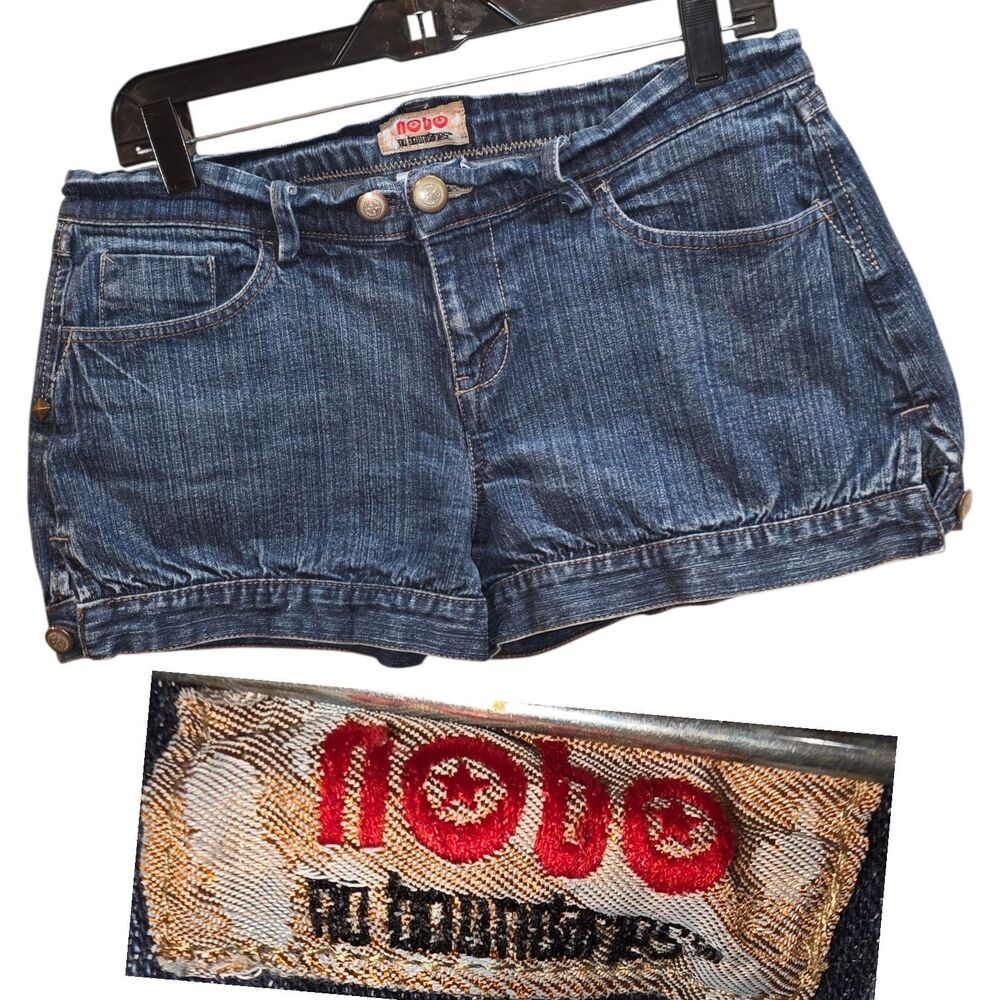 NO BOUNDARIES NOBO Sz11 Y2K VINTAGE Side Button Hems Gold Studs 90's Jean Shorts